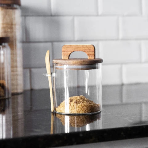 Frasco contenedor de vidrio tapa y cuchara 600ml